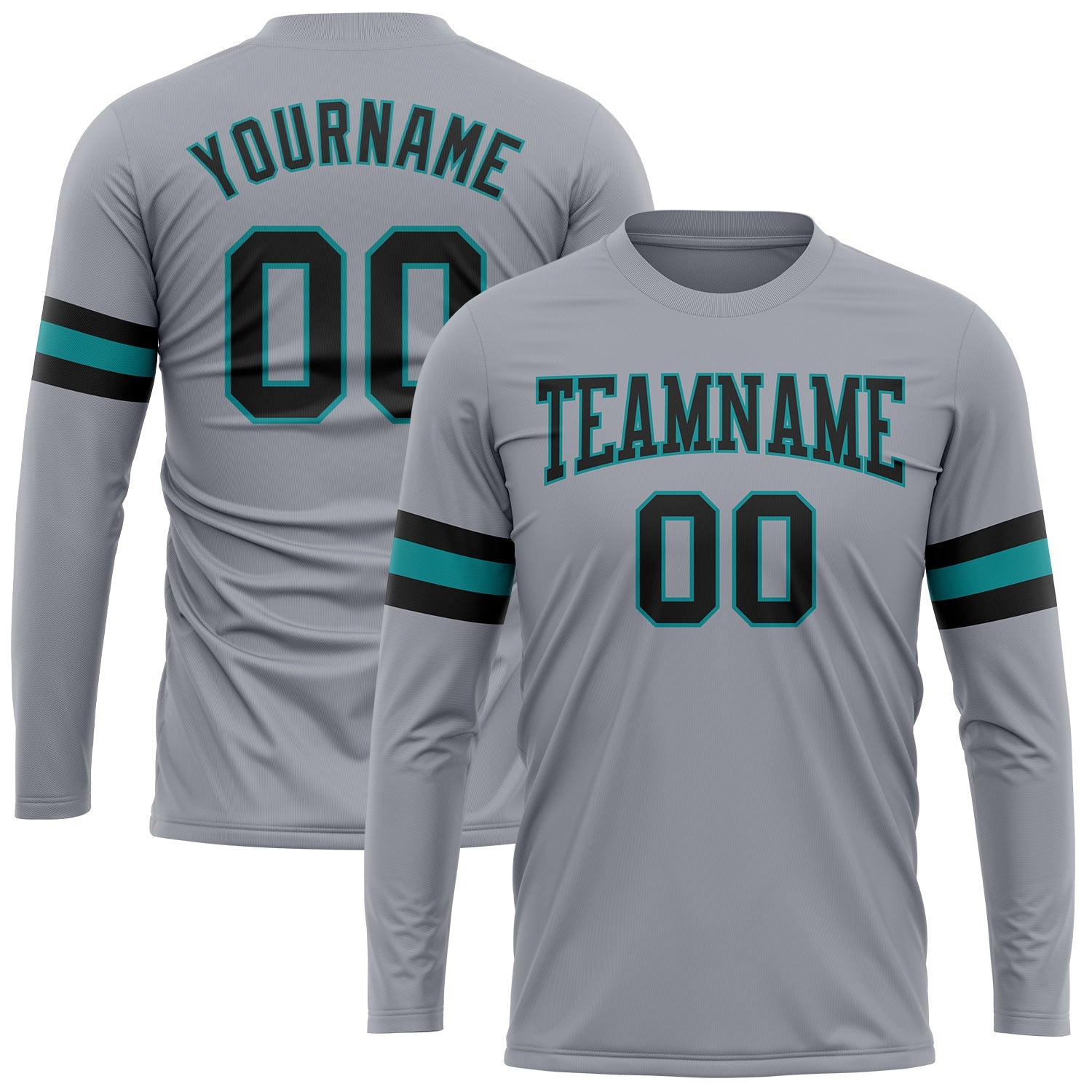 Custom Gray Black-Aqua Long Sleeve Performance T-Shirt - Main View