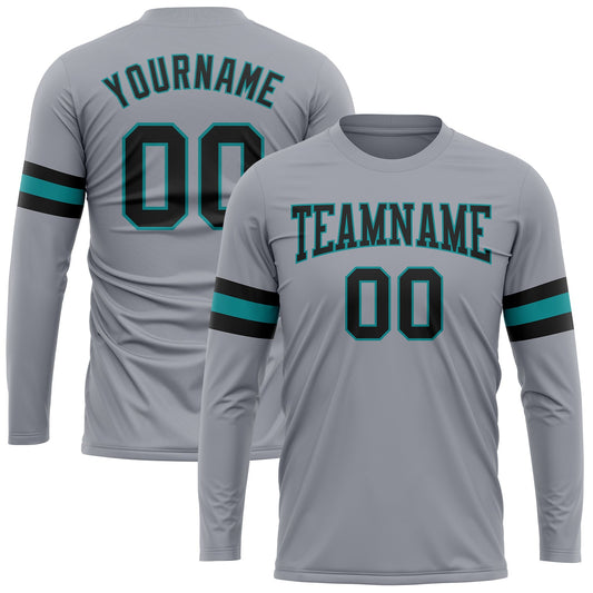 Custom Gray Black-Aqua Long Sleeve Performance T-Shirt - Main View