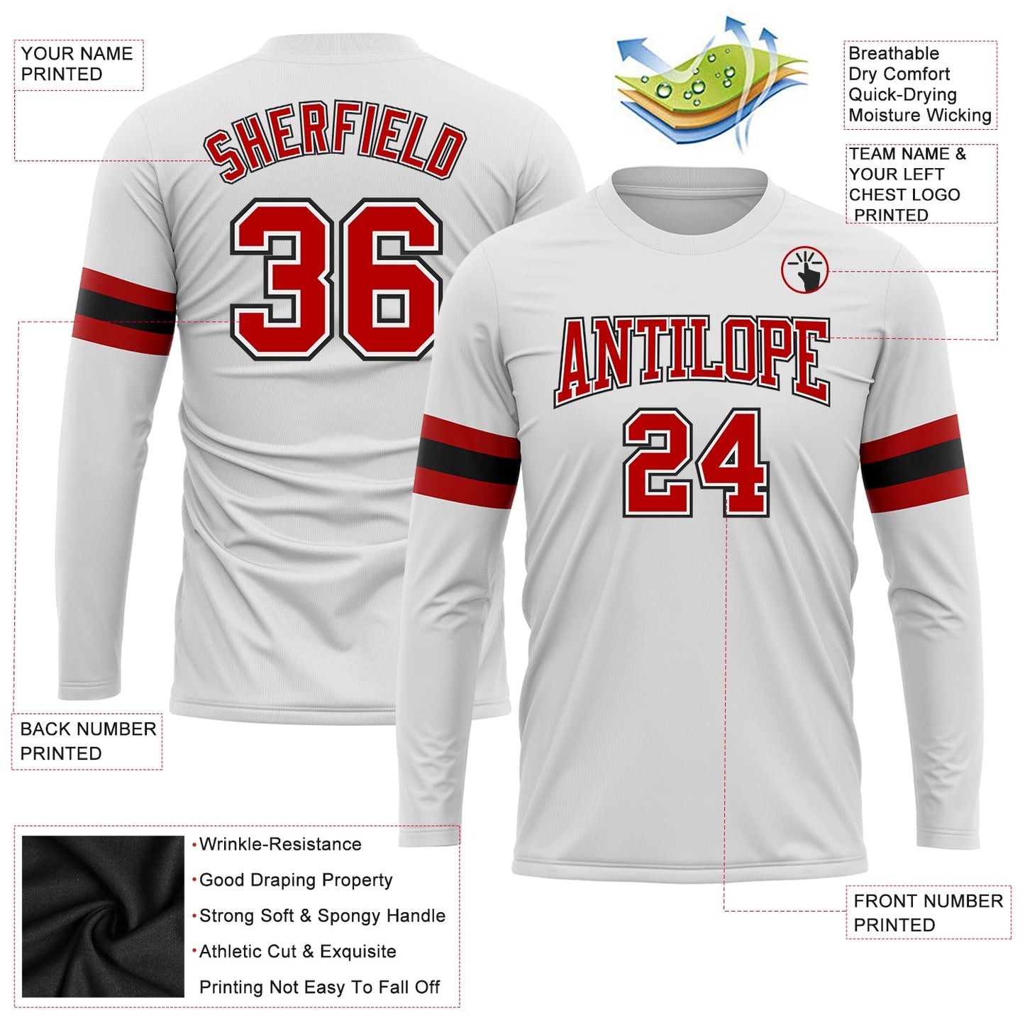 Custom White Red-Black Long Sleeve Performance T-Shirt view 3