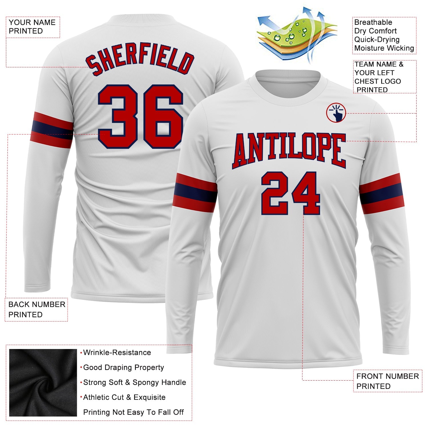 Custom White Red-Navy Long Sleeve Performance T-Shirt view 3