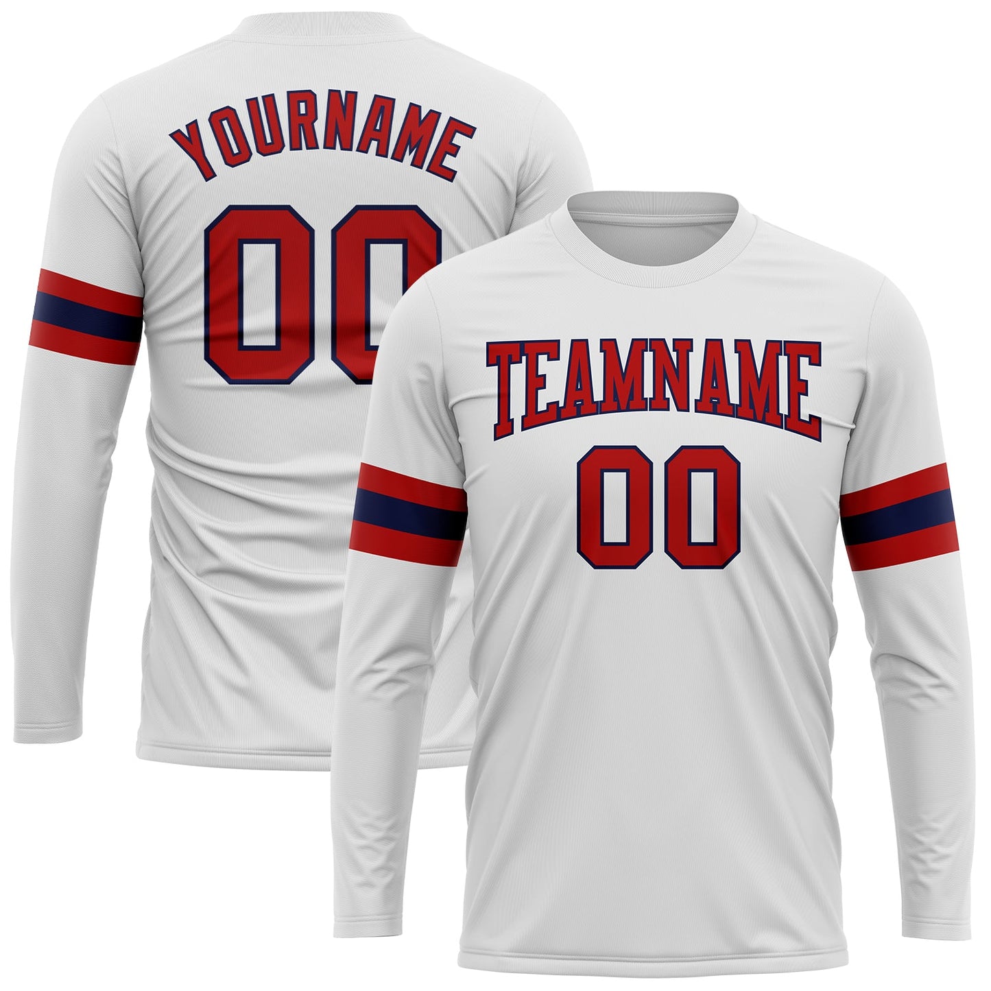 Custom White Red-Navy Long Sleeve Performance T-Shirt - Main View