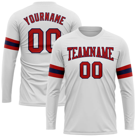 Custom White Red-Navy Long Sleeve Performance T-Shirt - Main View