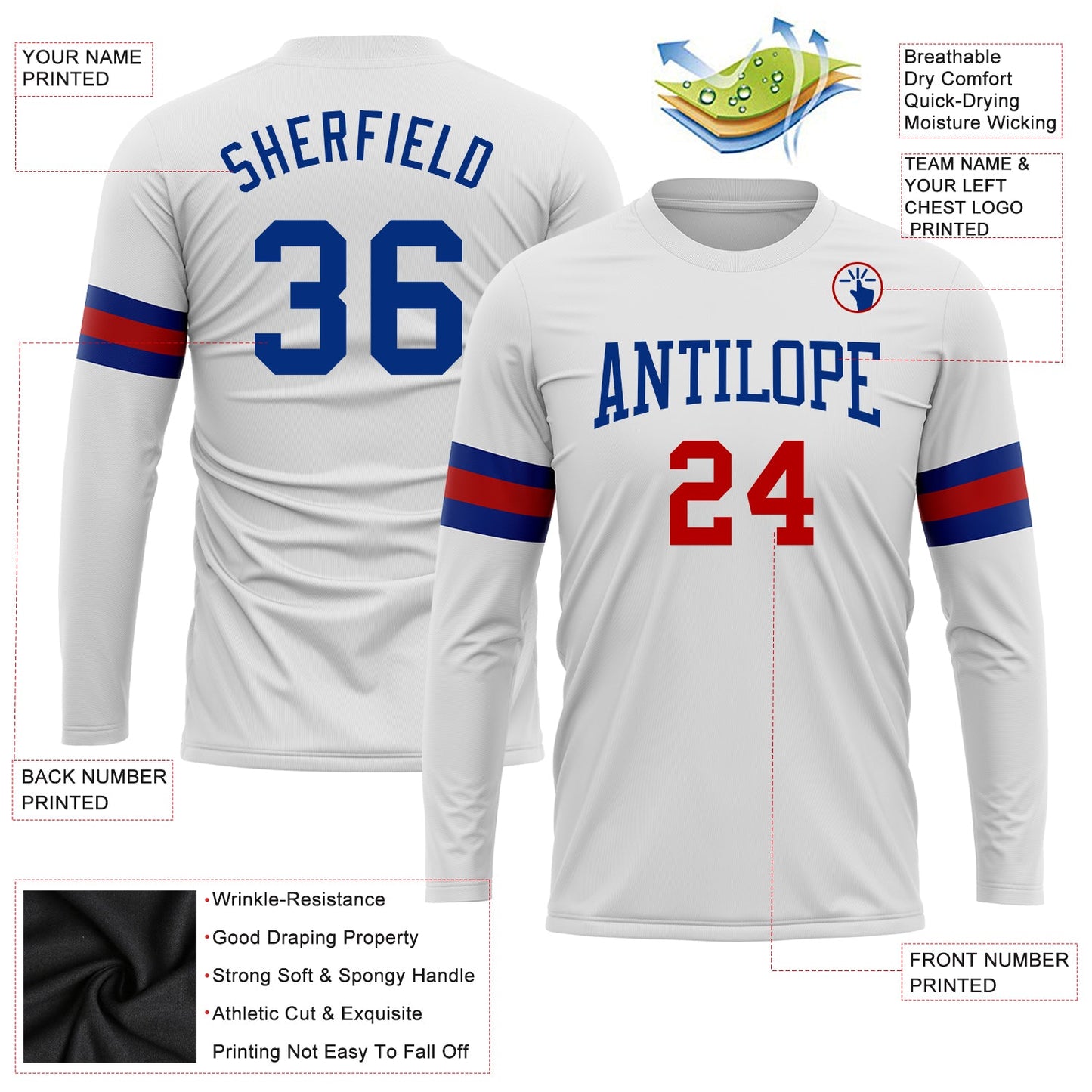 Custom White Royal-Red Long Sleeve Performance T-Shirt view 3