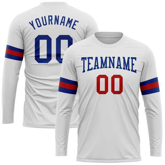 Custom White Royal-Red Long Sleeve Performance T-Shirt - Main View