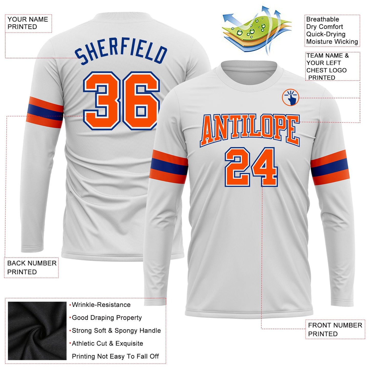 Custom White Orange-Royal Long Sleeve Performance T-Shirt view 3
