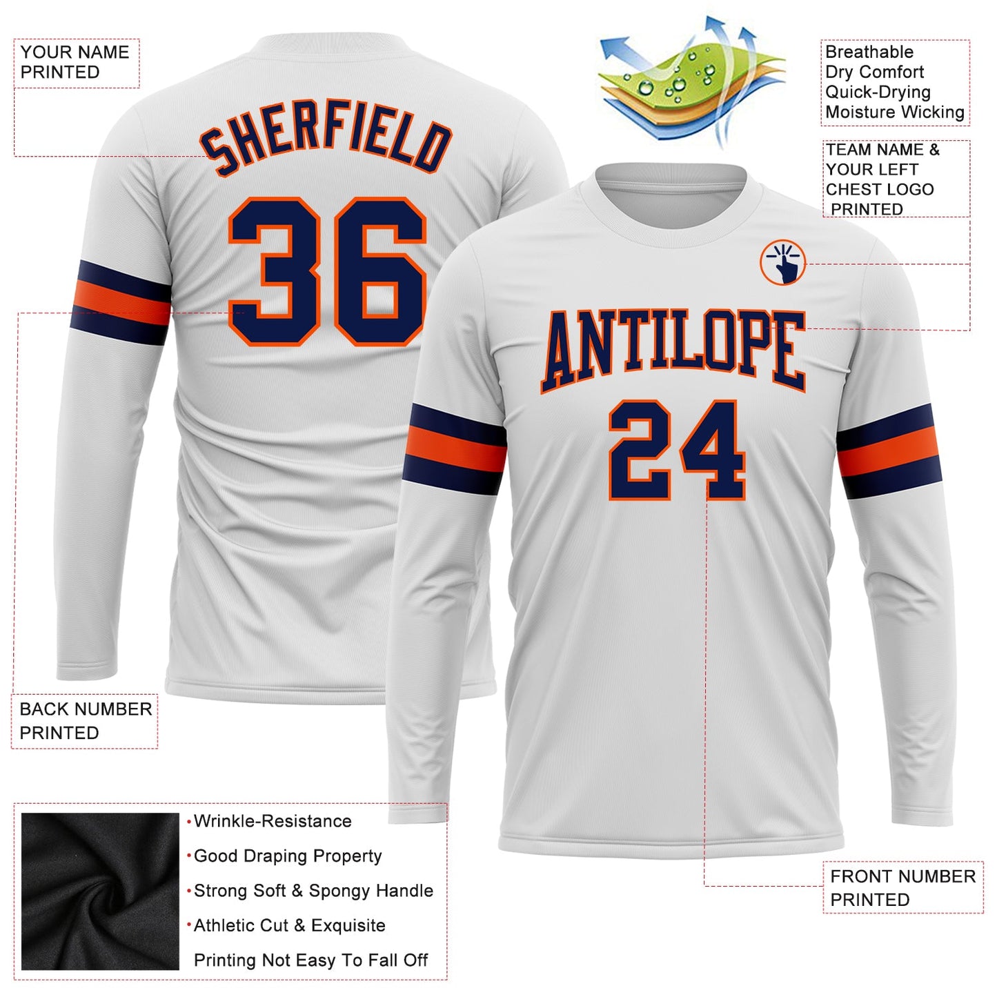 Custom White Navy-Orange Long Sleeve Performance T-Shirt view 3