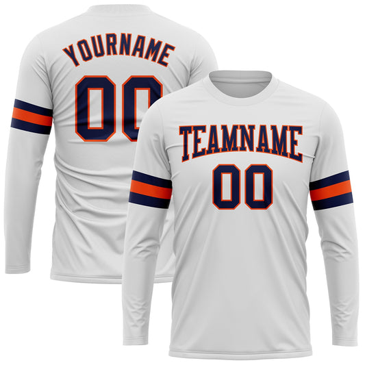 Custom White Navy-Orange Long Sleeve Performance T-Shirt - Main View