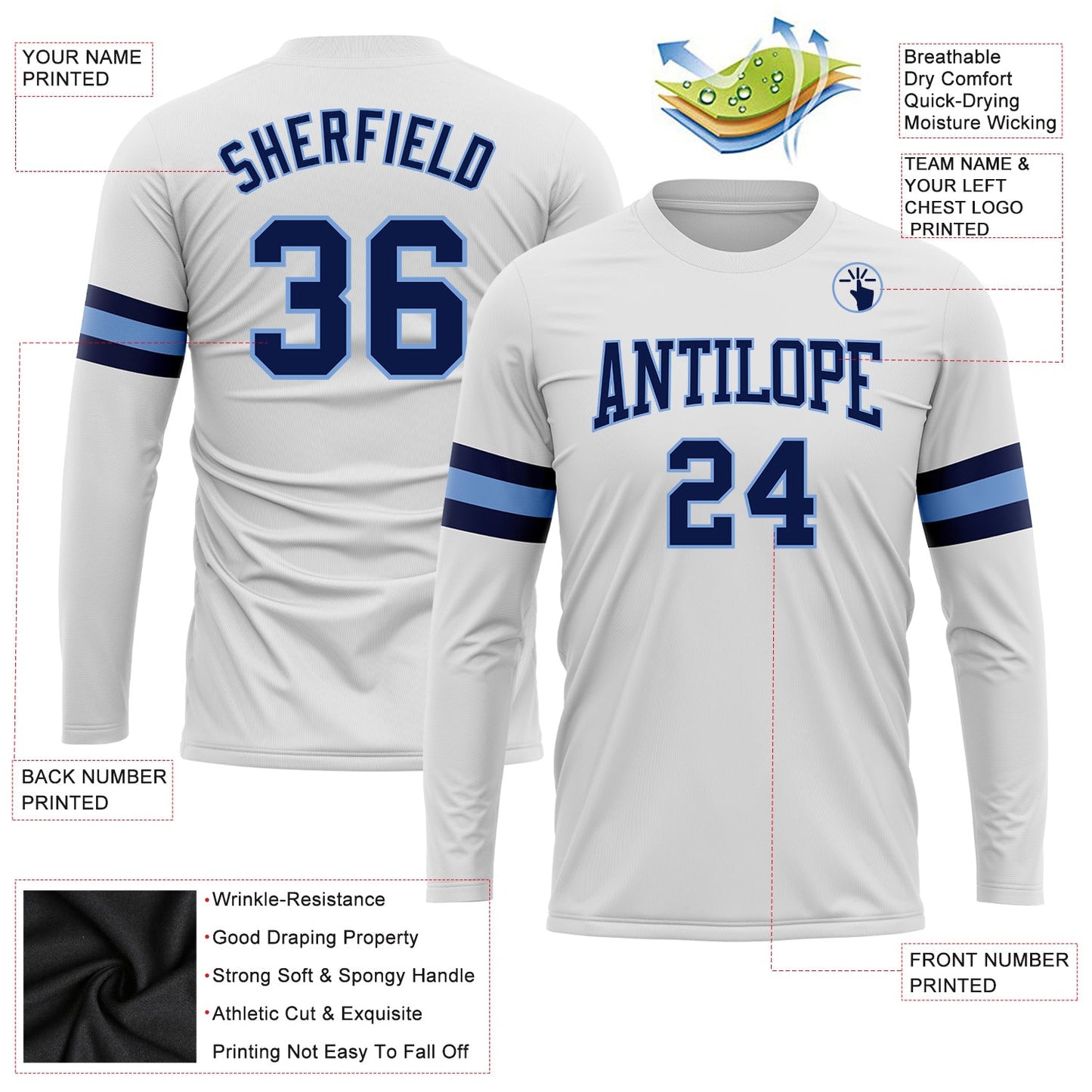 Custom White Navy-Light Blue Long Sleeve Performance T-Shirt view 3