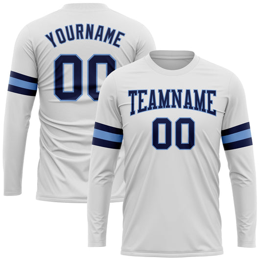 Custom White Navy-Light Blue Long Sleeve Performance T-Shirt - Main View