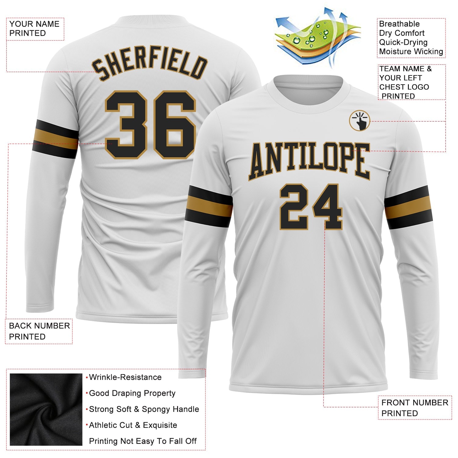 Custom White Black-Old Gold Long Sleeve Performance T-Shirt view 3