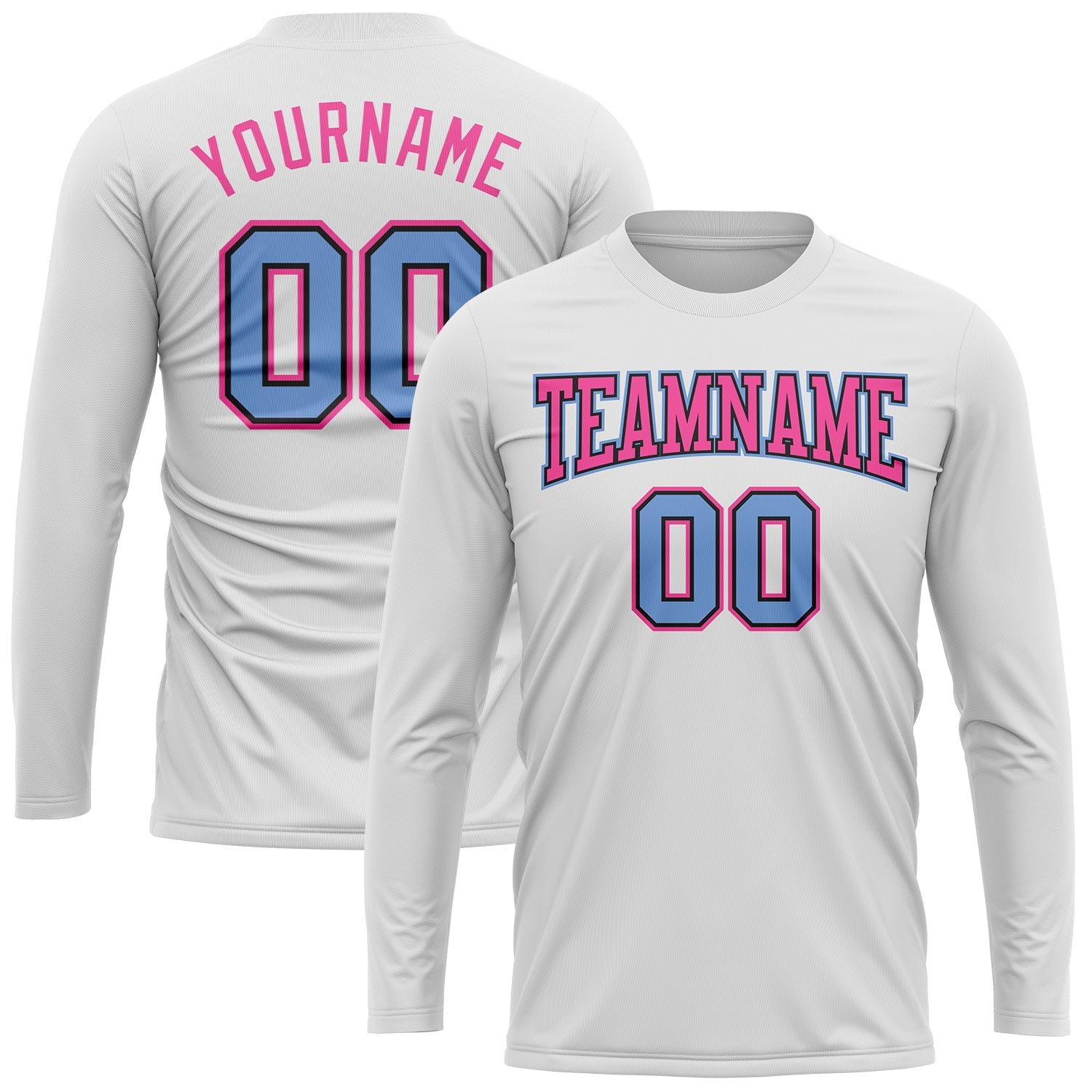 Custom White Light Blue Black-Pink Long Sleeve Performance T-Shirt view 2