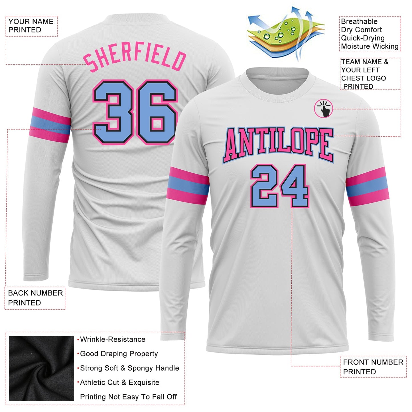 Custom White Light Blue Black-Pink Long Sleeve Performance T-Shirt view 3