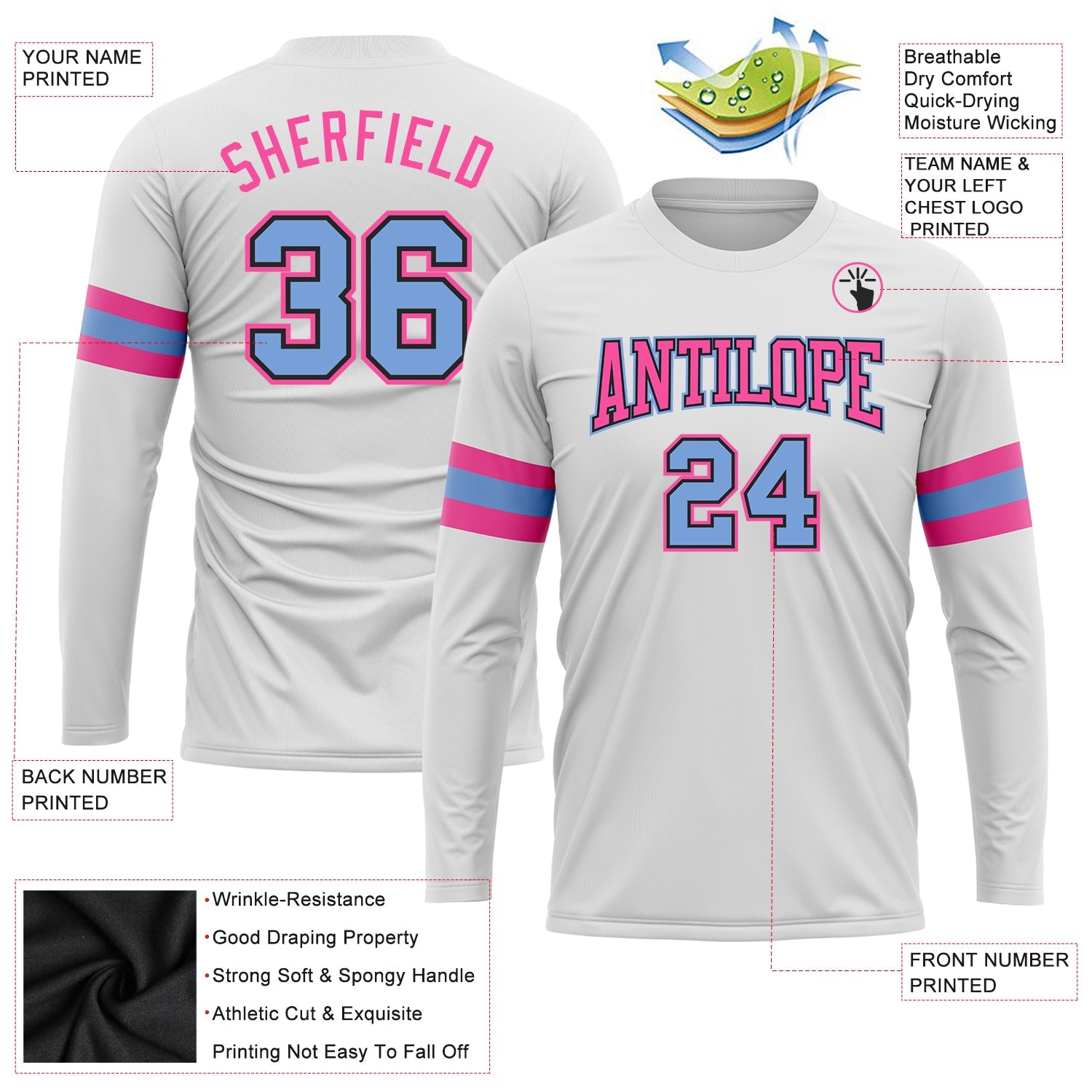 Custom White Light Blue Black-Pink Long Sleeve Performance T-Shirt view 3