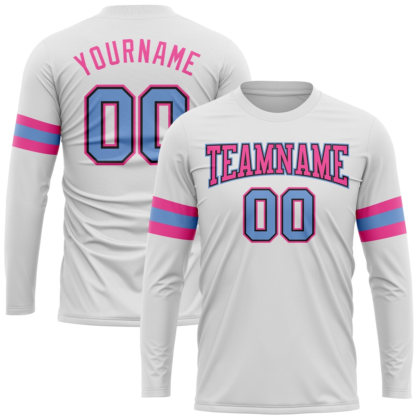 Custom White Light Blue Black-Pink Long Sleeve Performance T-Shirt - Main View