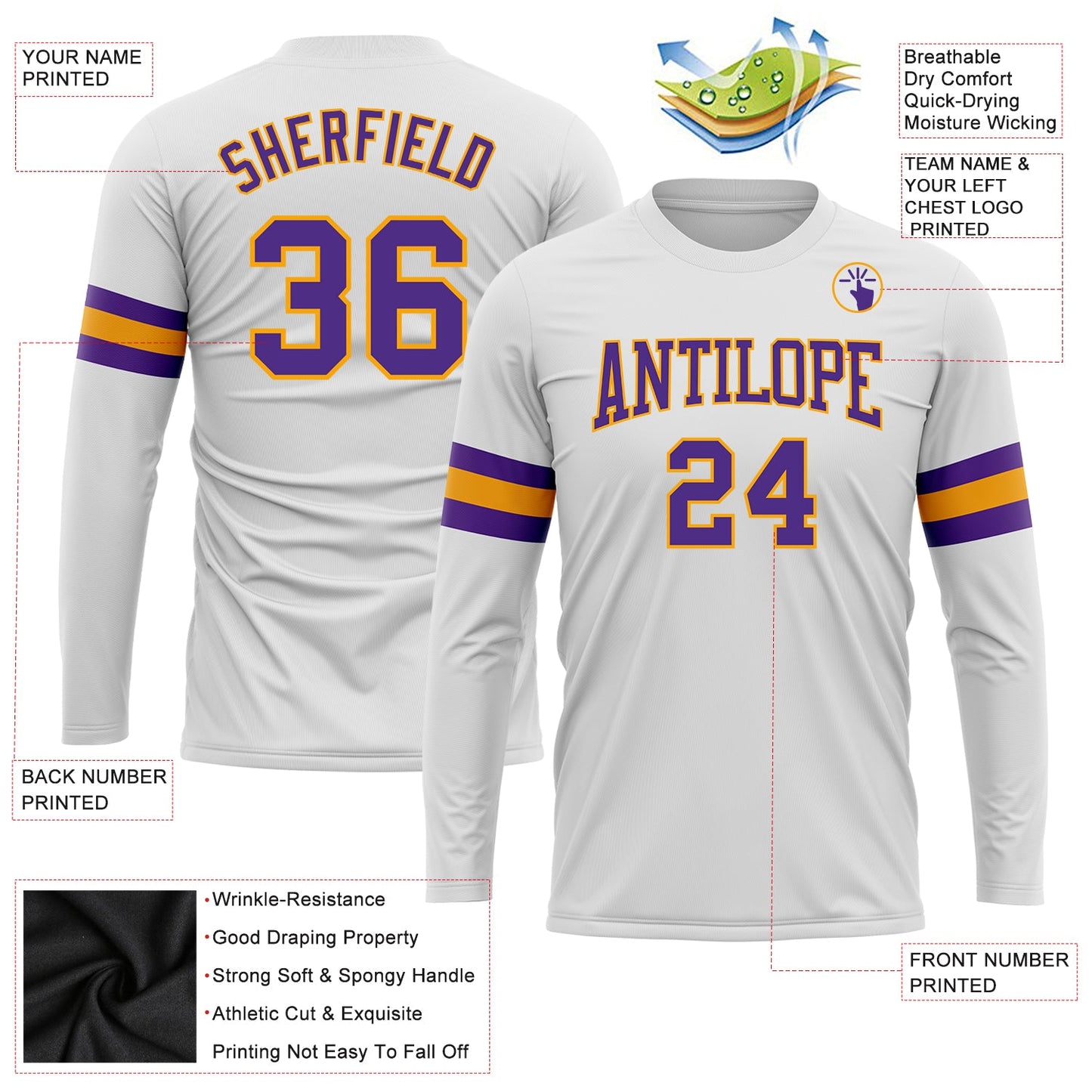 Custom White Purple-Gold Long Sleeve Performance T-Shirt view 3