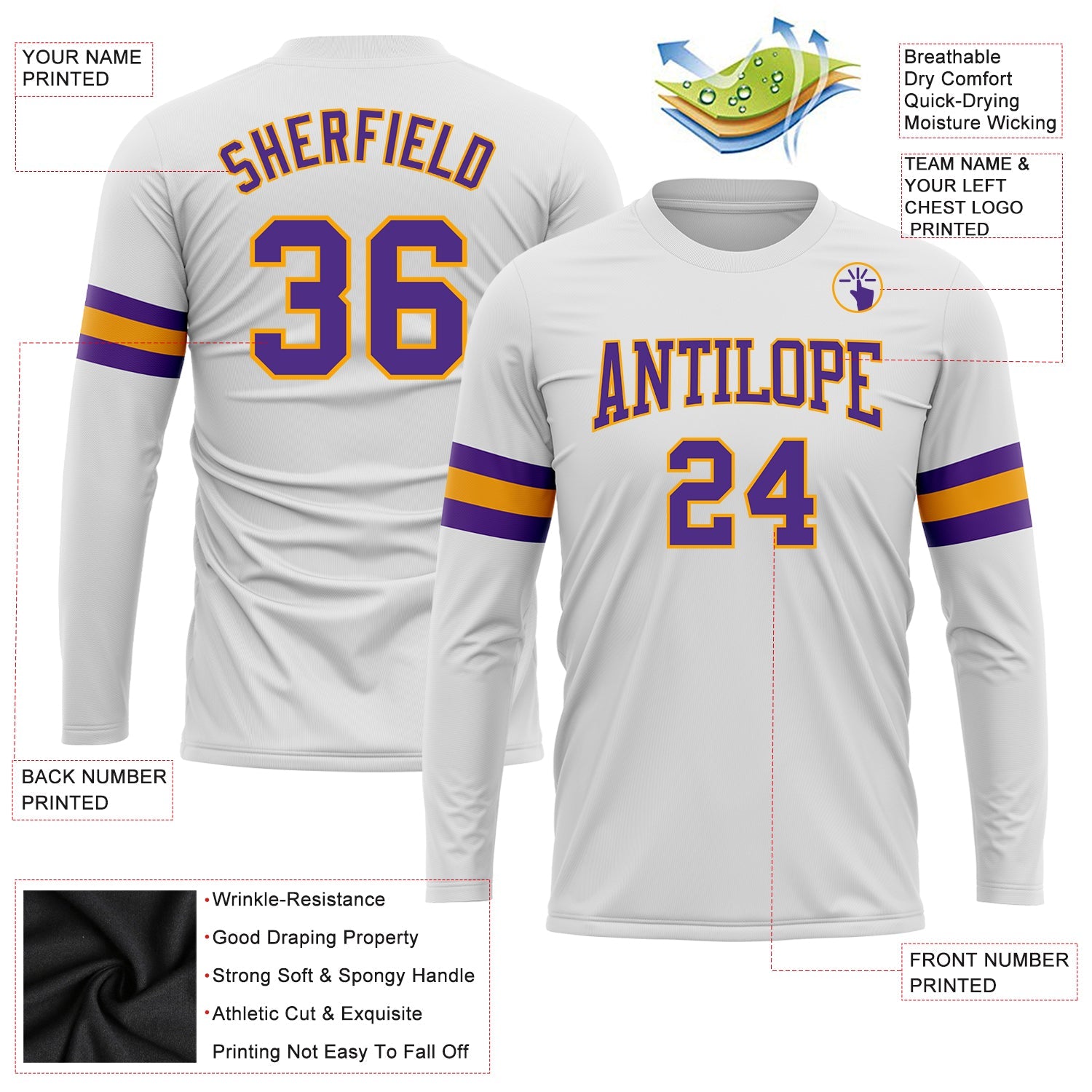 Custom White Purple-Gold Long Sleeve Performance T-Shirt view 3
