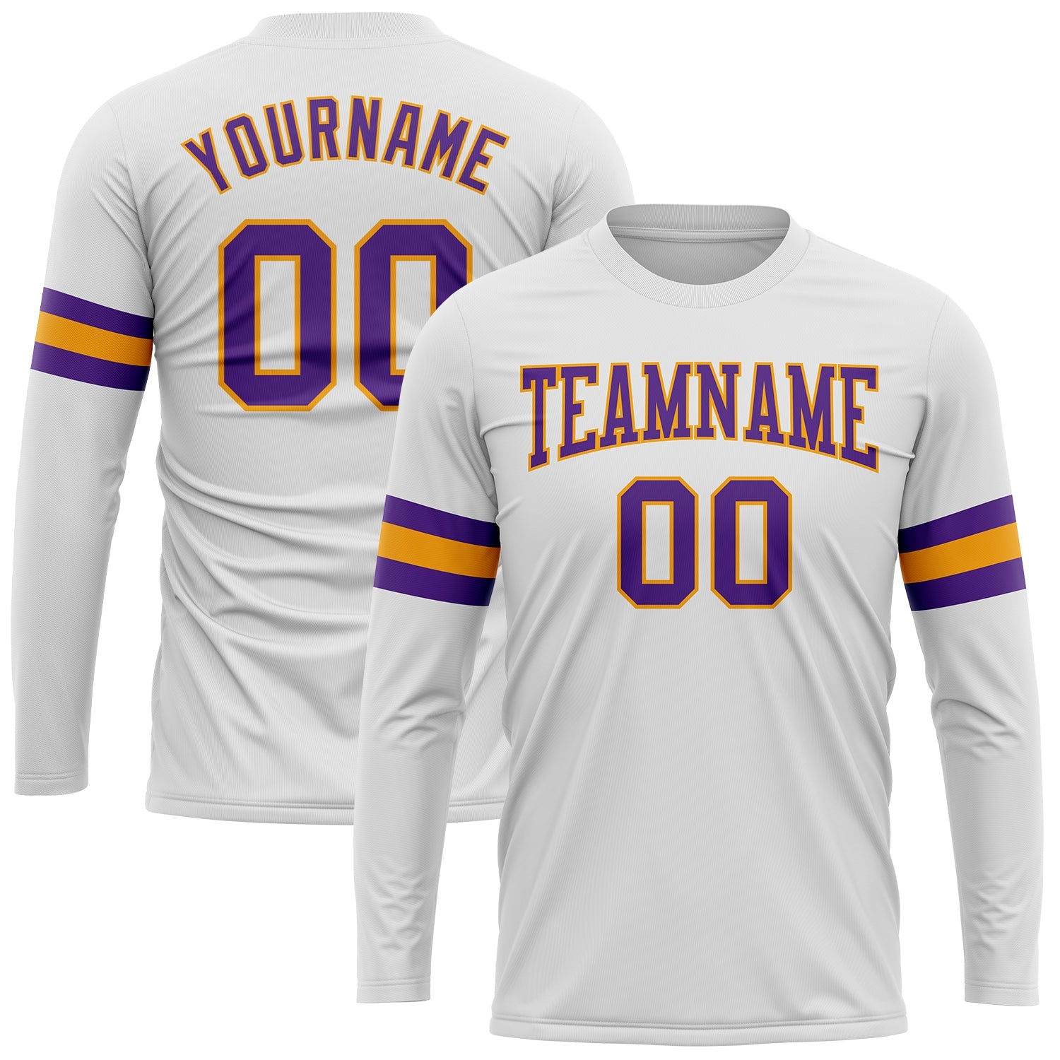 Custom White Purple-Gold Long Sleeve Performance T-Shirt - Main View