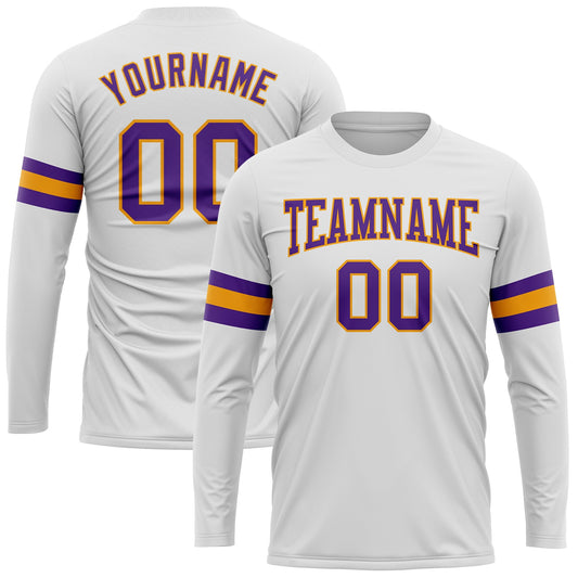 Custom White Purple-Gold Long Sleeve Performance T-Shirt - Main View