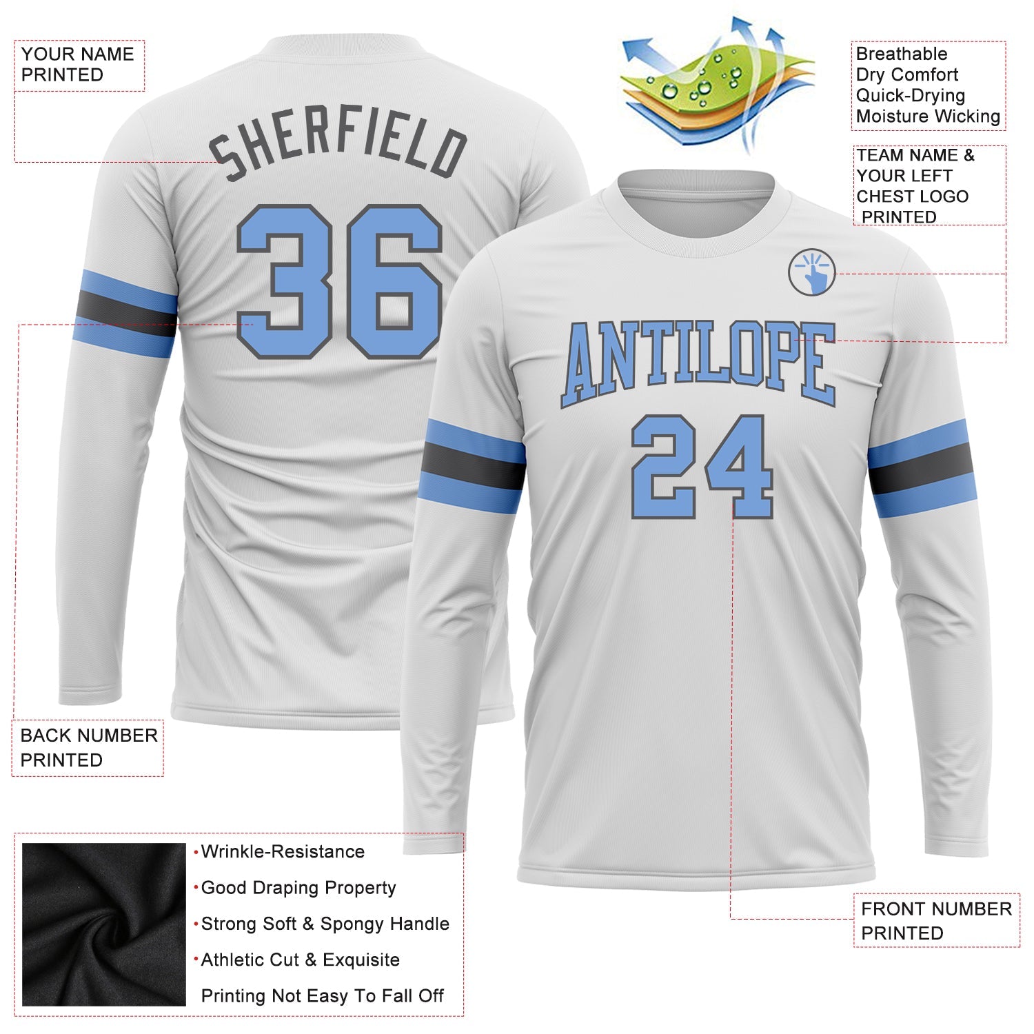 Custom White Light Blue-Steel Gray Long Sleeve Performance T-Shirt view 3
