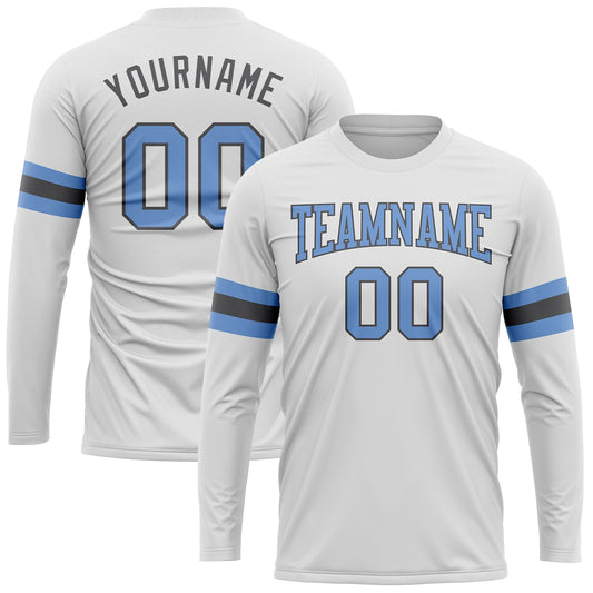 Custom White Light Blue-Steel Gray Long Sleeve Performance T-Shirt - Main View