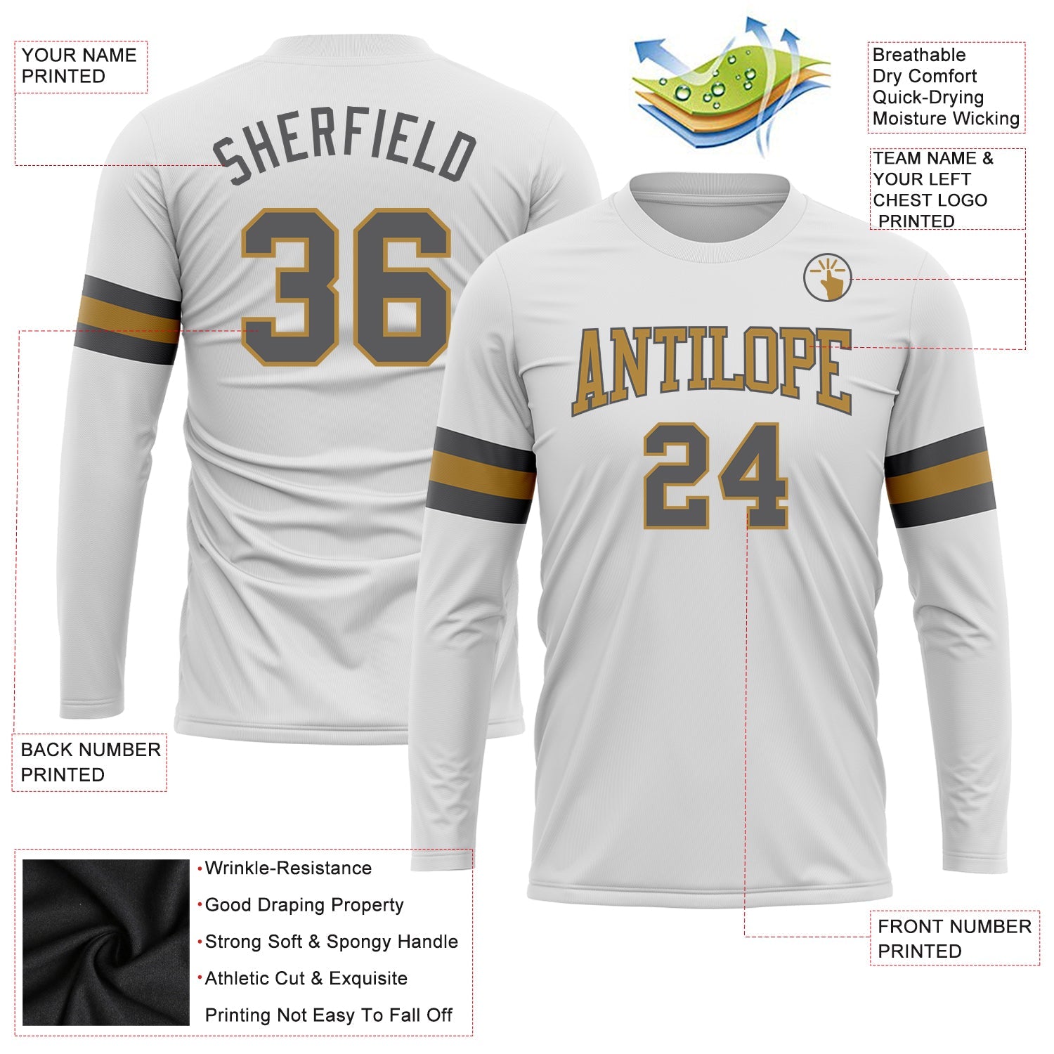 Custom White Steel Gray-Old Gold Long Sleeve Performance T-Shirt view 3