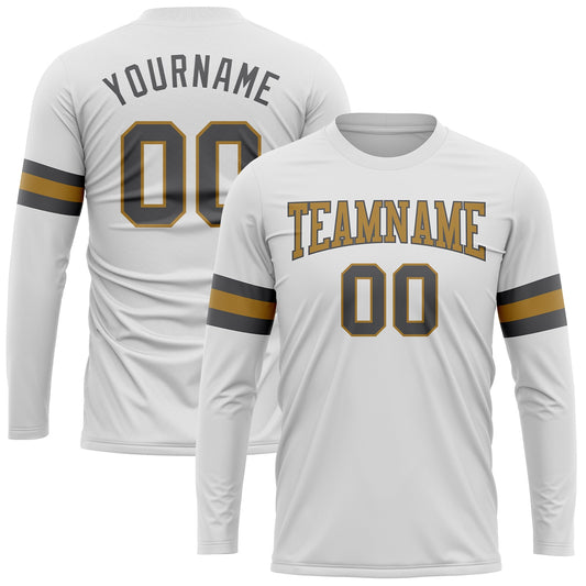 Custom White Steel Gray-Old Gold Long Sleeve Performance T-Shirt - Main View