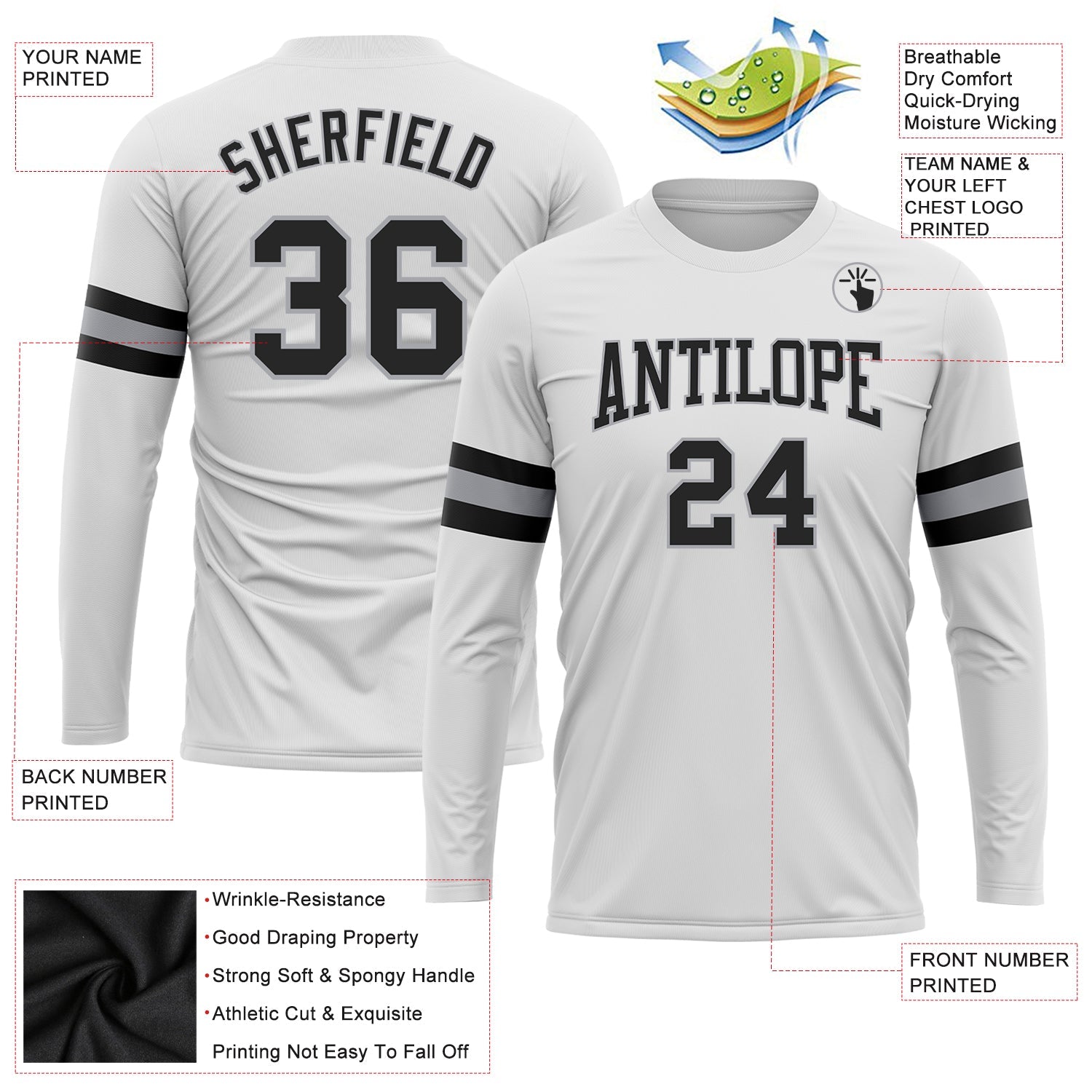 Custom White Black-Gray Long Sleeve Performance T-Shirt view 3
