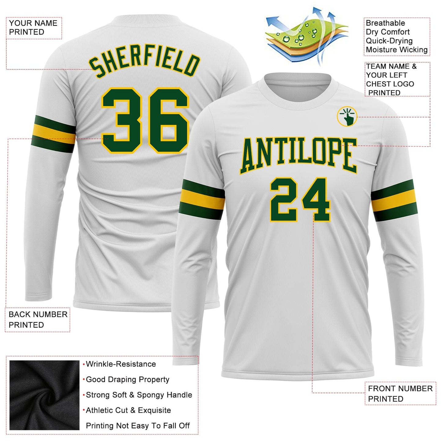 Custom White Green-Gold Long Sleeve Performance T-Shirt view 3