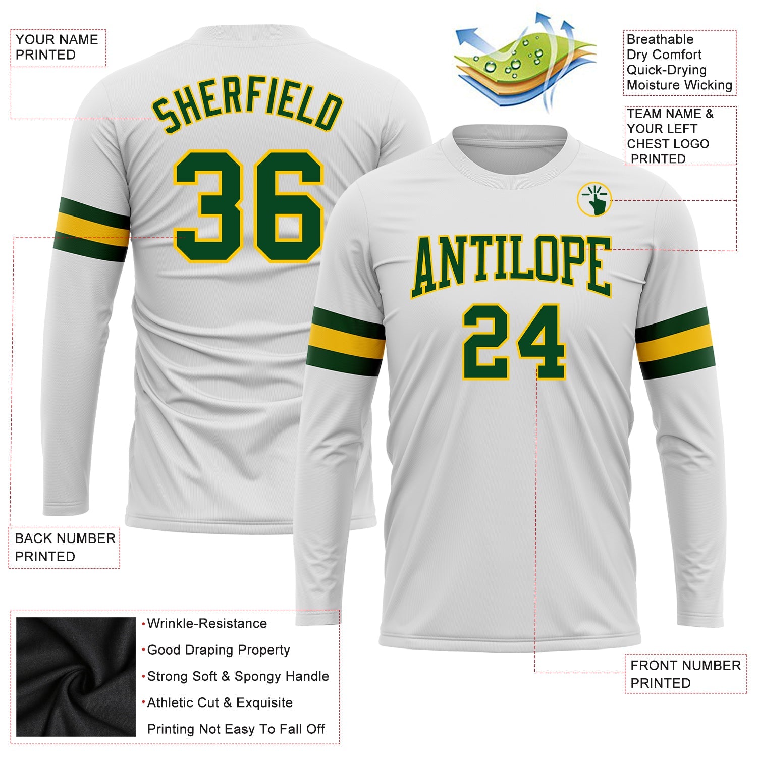 Custom White Green-Gold Long Sleeve Performance T-Shirt view 3