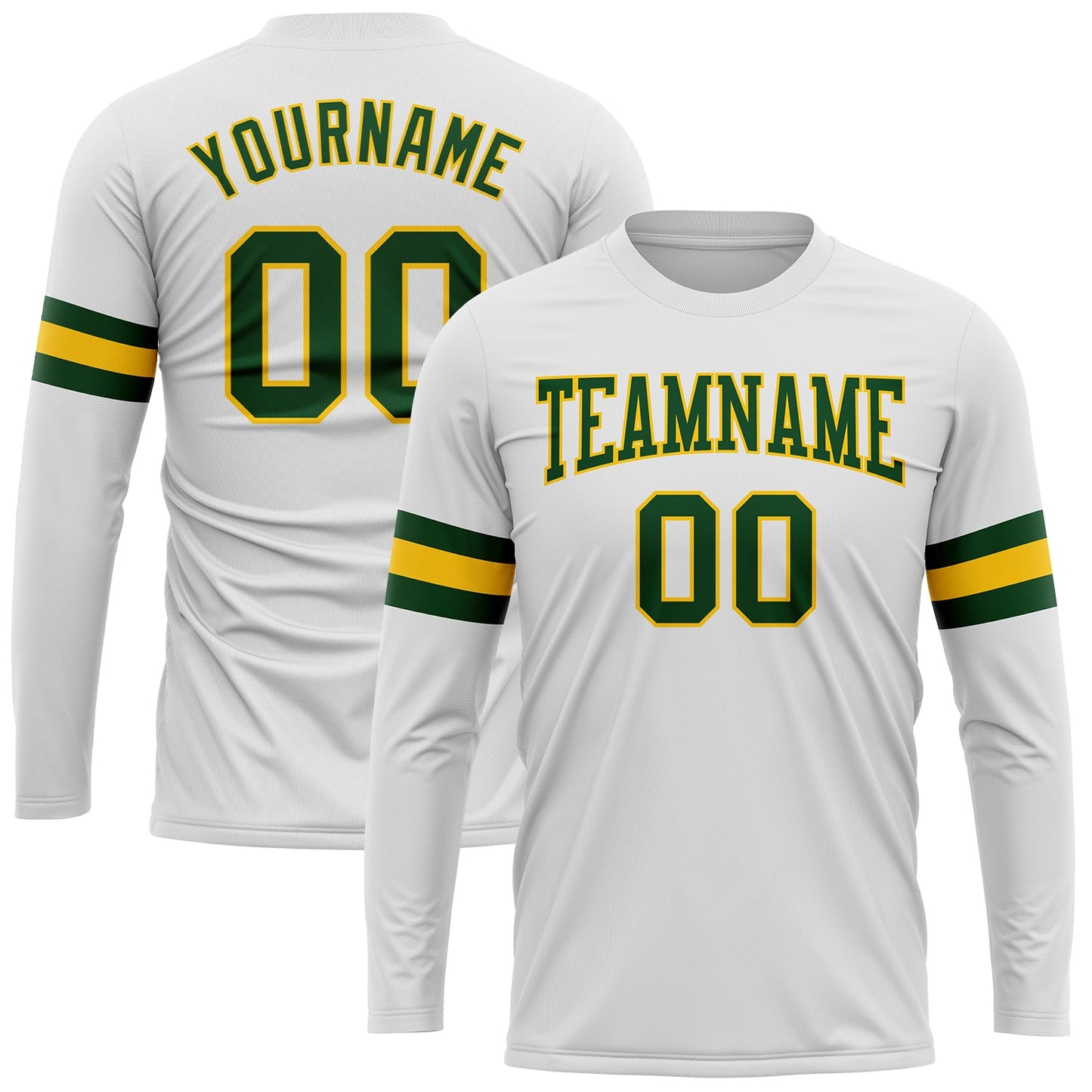Custom White Green-Gold Long Sleeve Performance T-Shirt - Main View