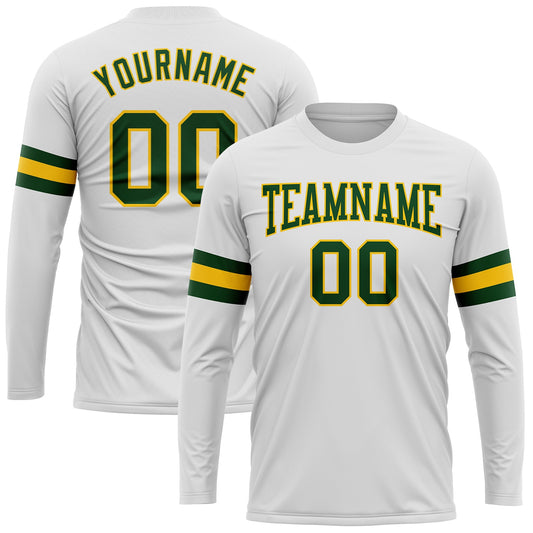 Custom White Green-Gold Long Sleeve Performance T-Shirt - Main View