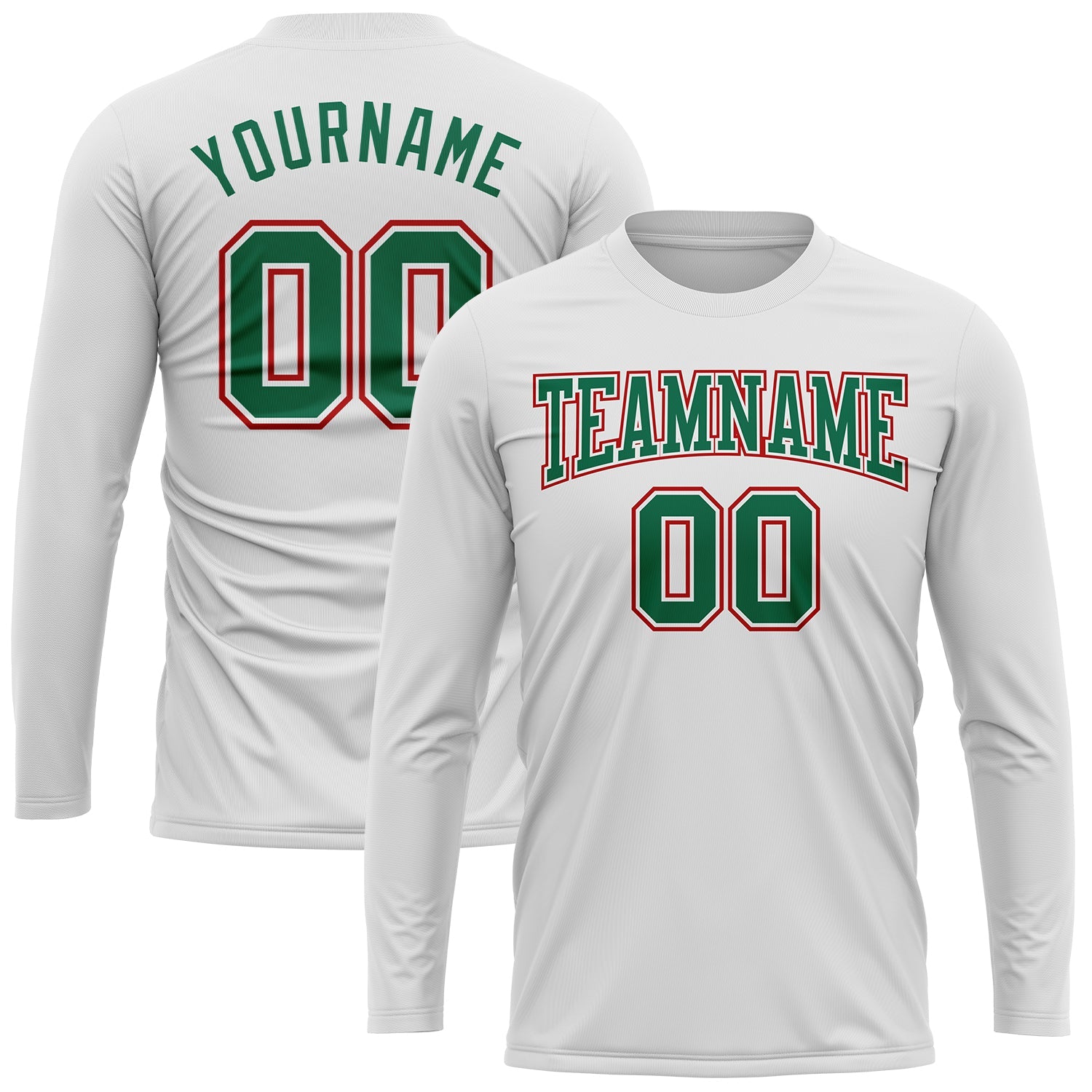 Custom White Kelly Green-Red Long Sleeve Performance T-Shirt view 2
