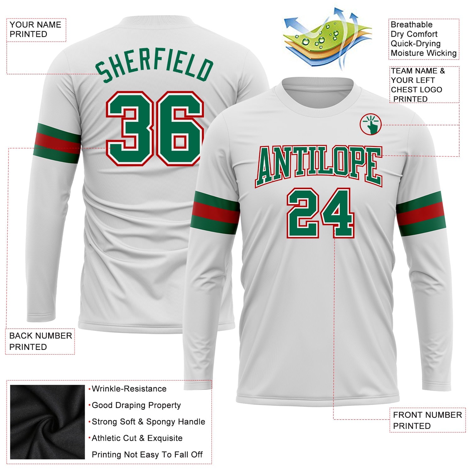Custom White Kelly Green-Red Long Sleeve Performance T-Shirt view 3