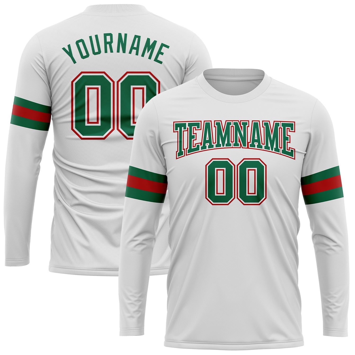 Custom White Kelly Green-Red Long Sleeve Performance T-Shirt - Main View