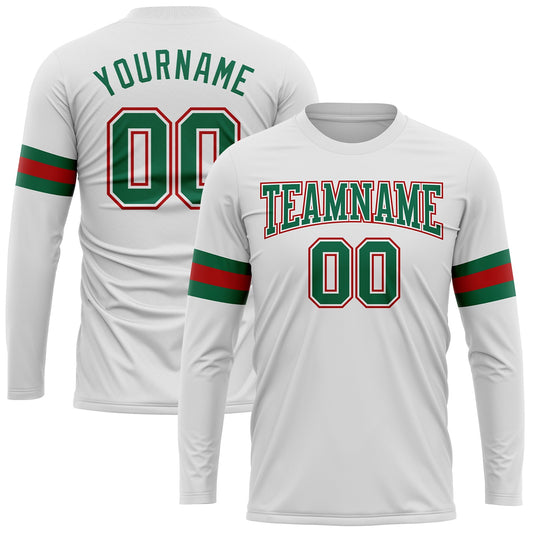 Custom White Kelly Green-Red Long Sleeve Performance T-Shirt - Main View