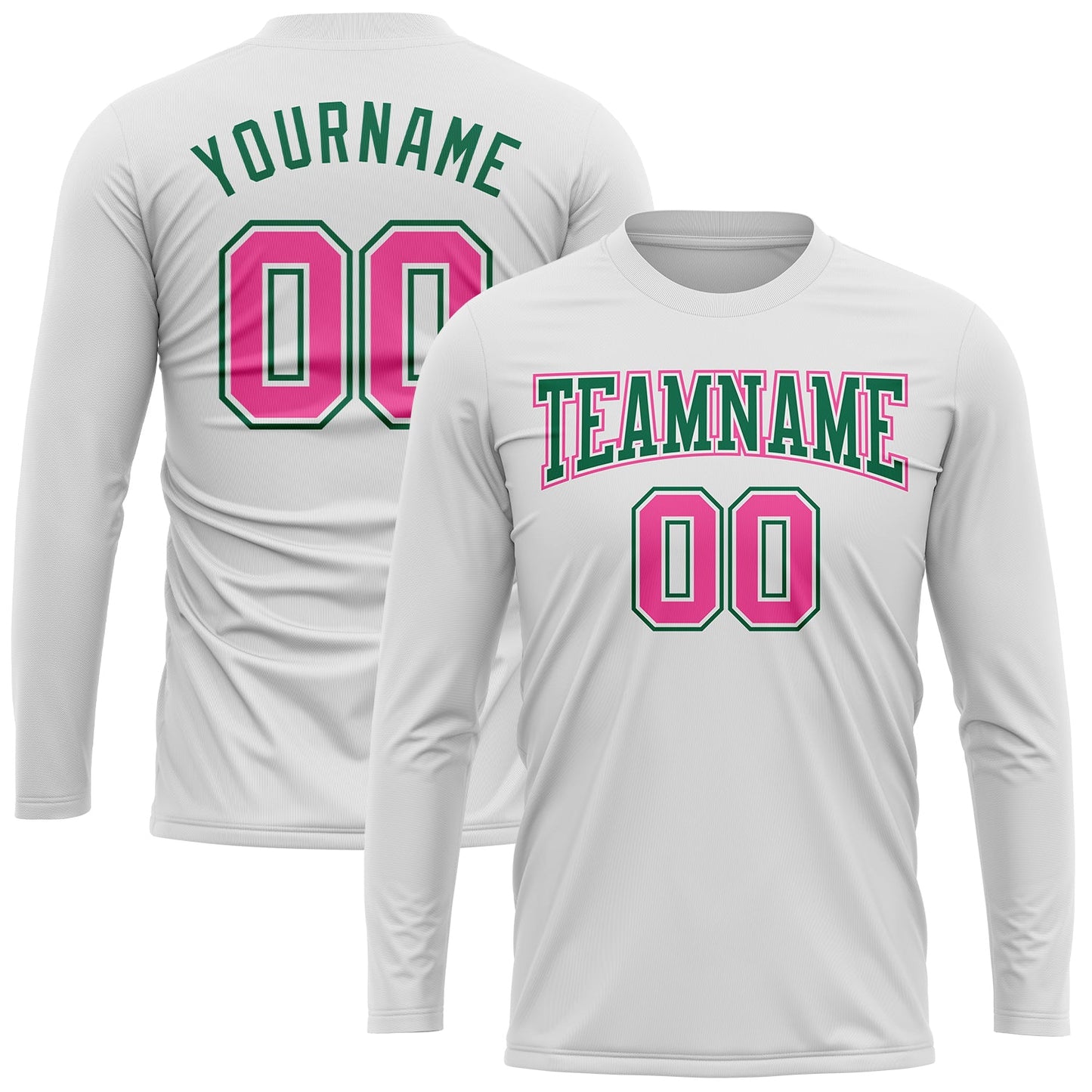 Custom White Pink-Kelly Green Long Sleeve Performance T-Shirt view 2