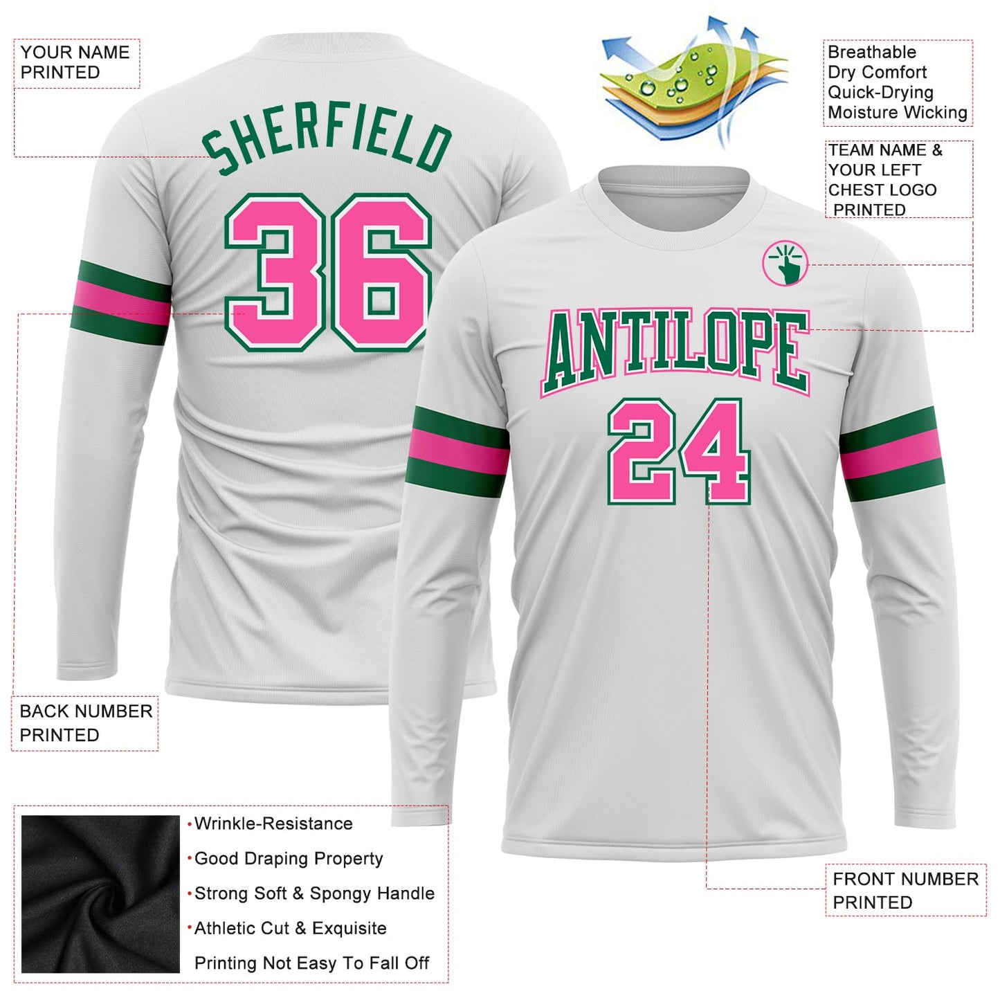 Custom White Pink-Kelly Green Long Sleeve Performance T-Shirt view 3