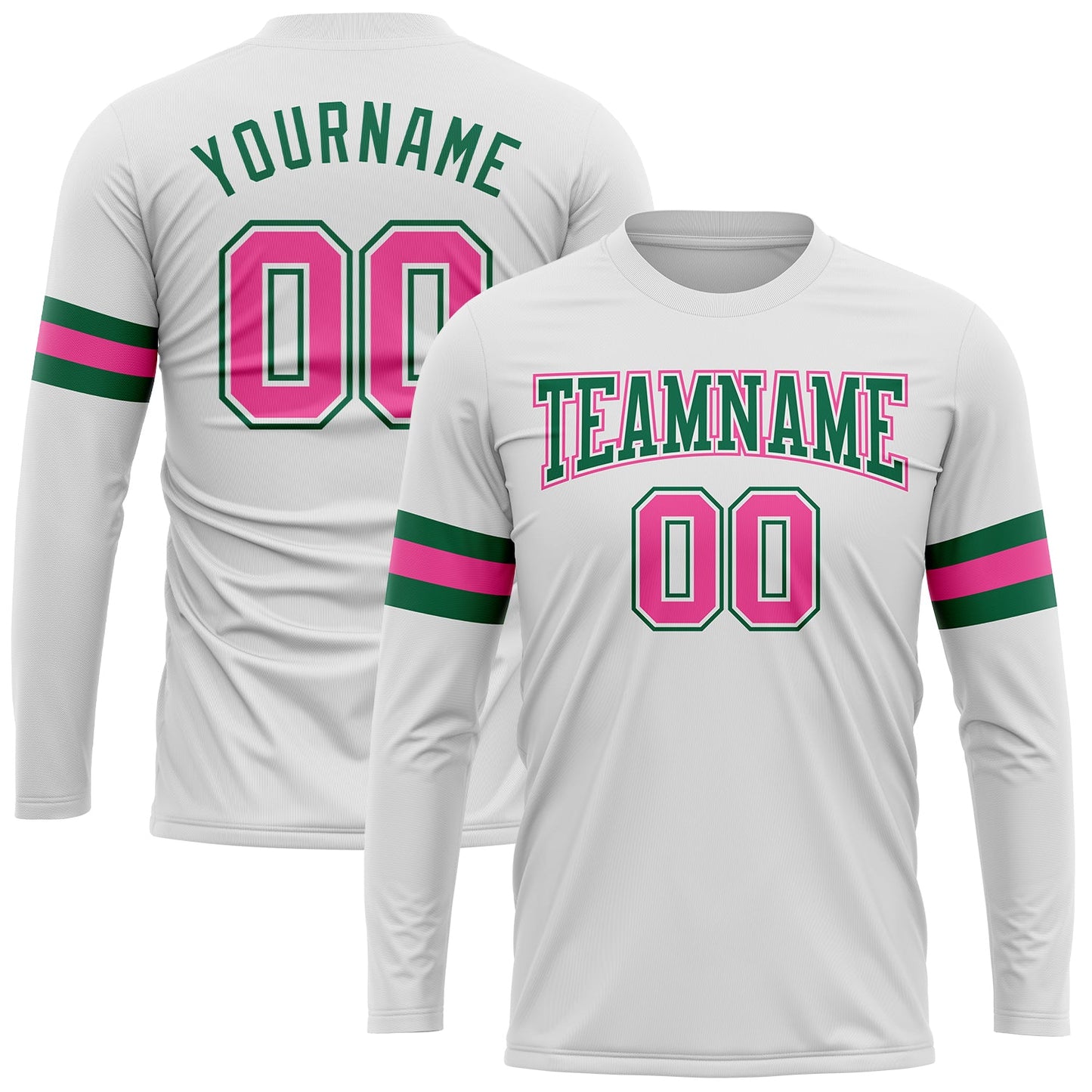 Custom White Pink-Kelly Green Long Sleeve Performance T-Shirt - Main View