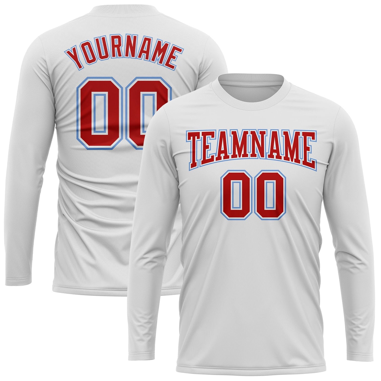 Custom White Red-Light Blue Long Sleeve Performance T-Shirt view 2