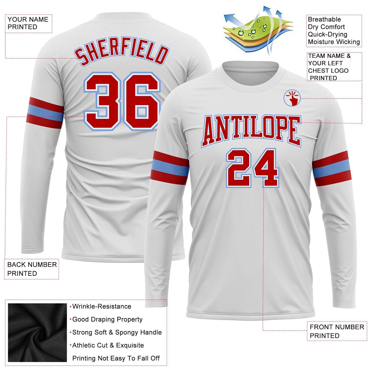 Custom White Red-Light Blue Long Sleeve Performance T-Shirt view 3