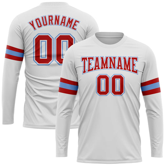 Custom White Red-Light Blue Long Sleeve Performance T-Shirt - Main View