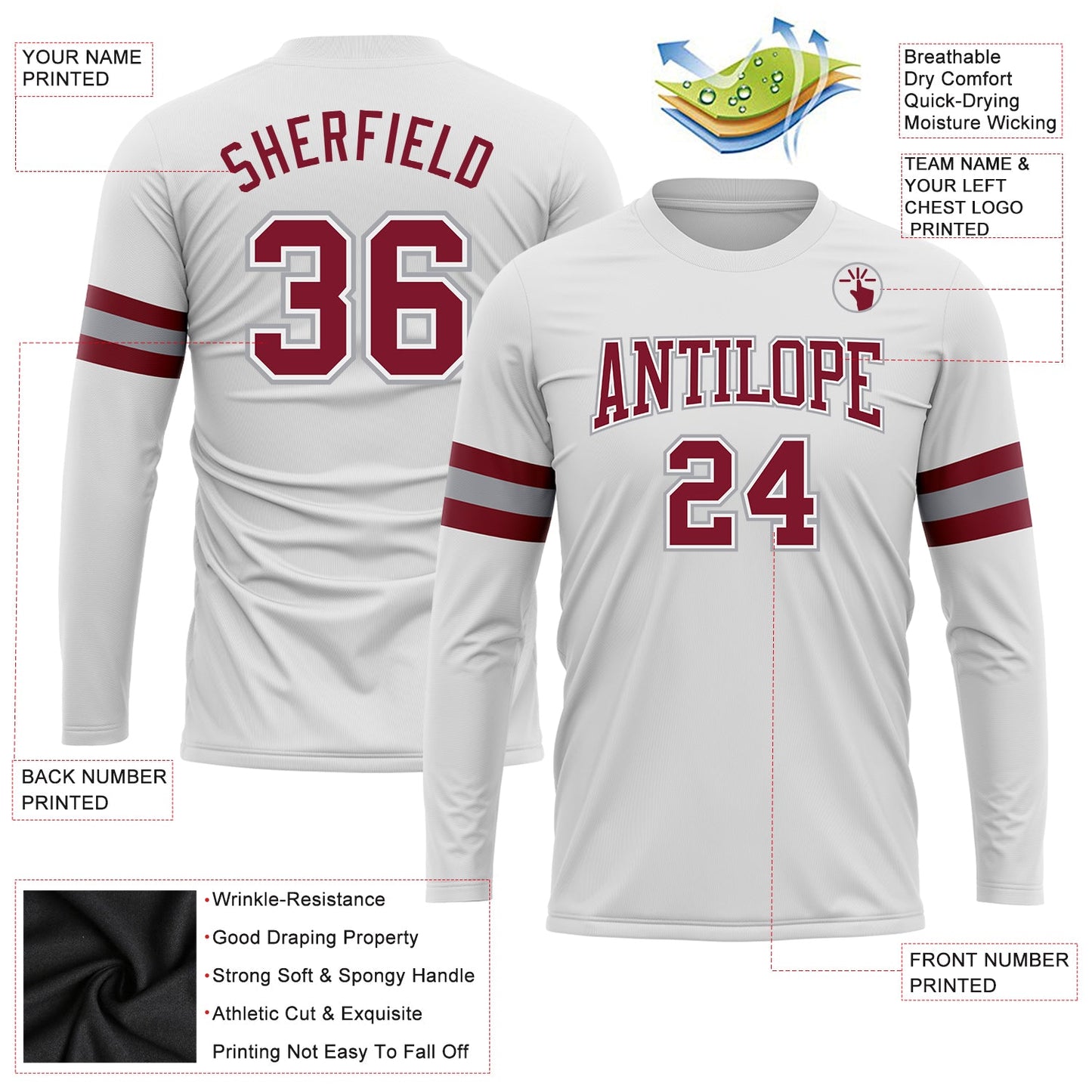 Custom White Crimson-Gray Long Sleeve Performance T-Shirt view 3