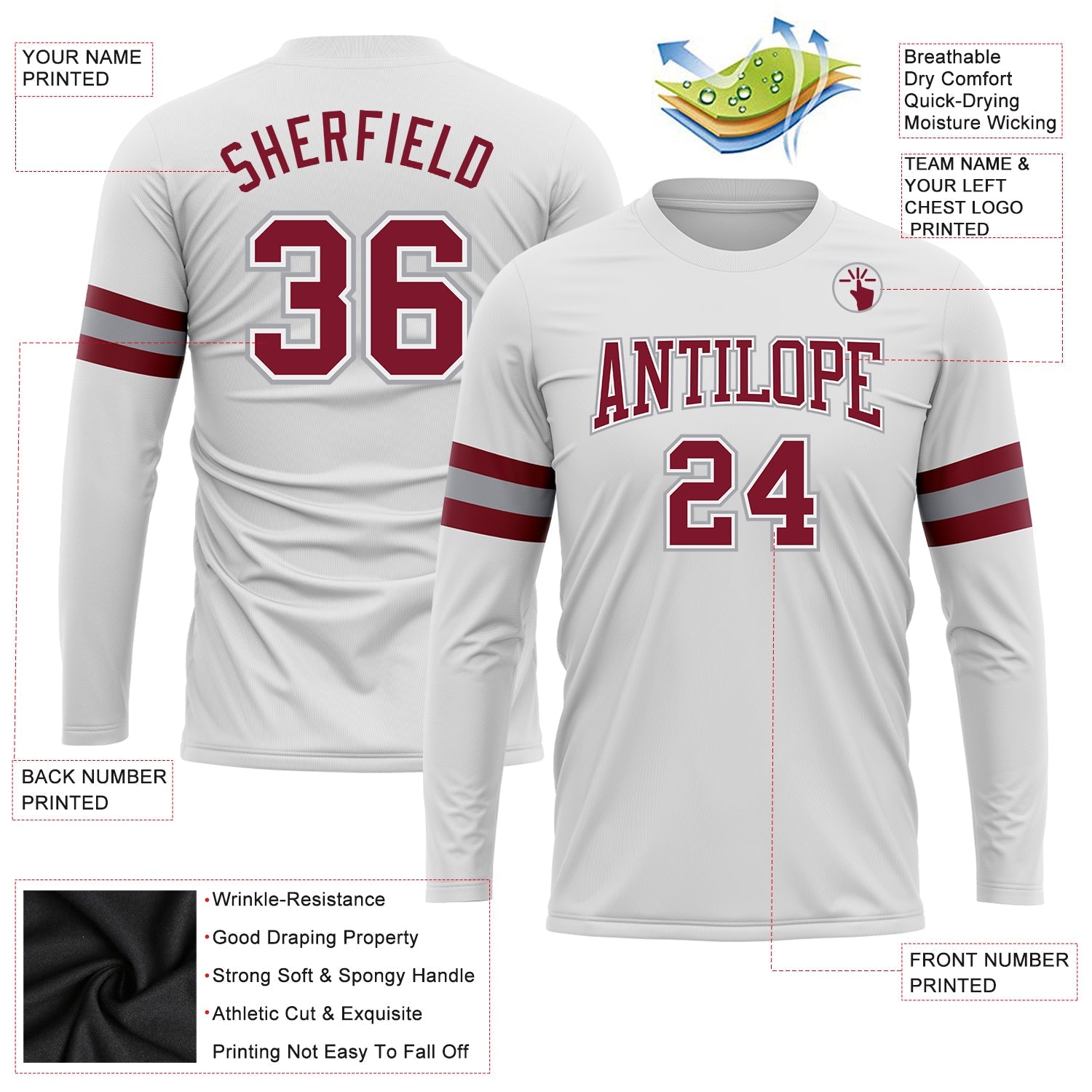 Custom White Crimson-Gray Long Sleeve Performance T-Shirt view 3