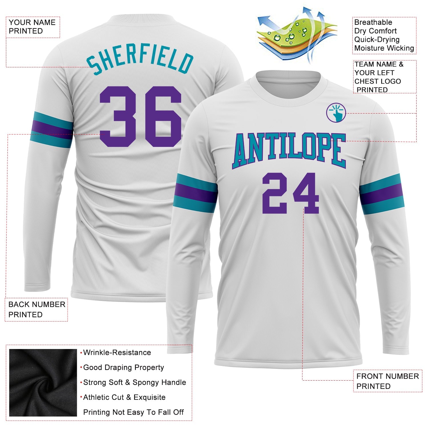 Custom White Purple-Teal Long Sleeve Performance T-Shirt view 3