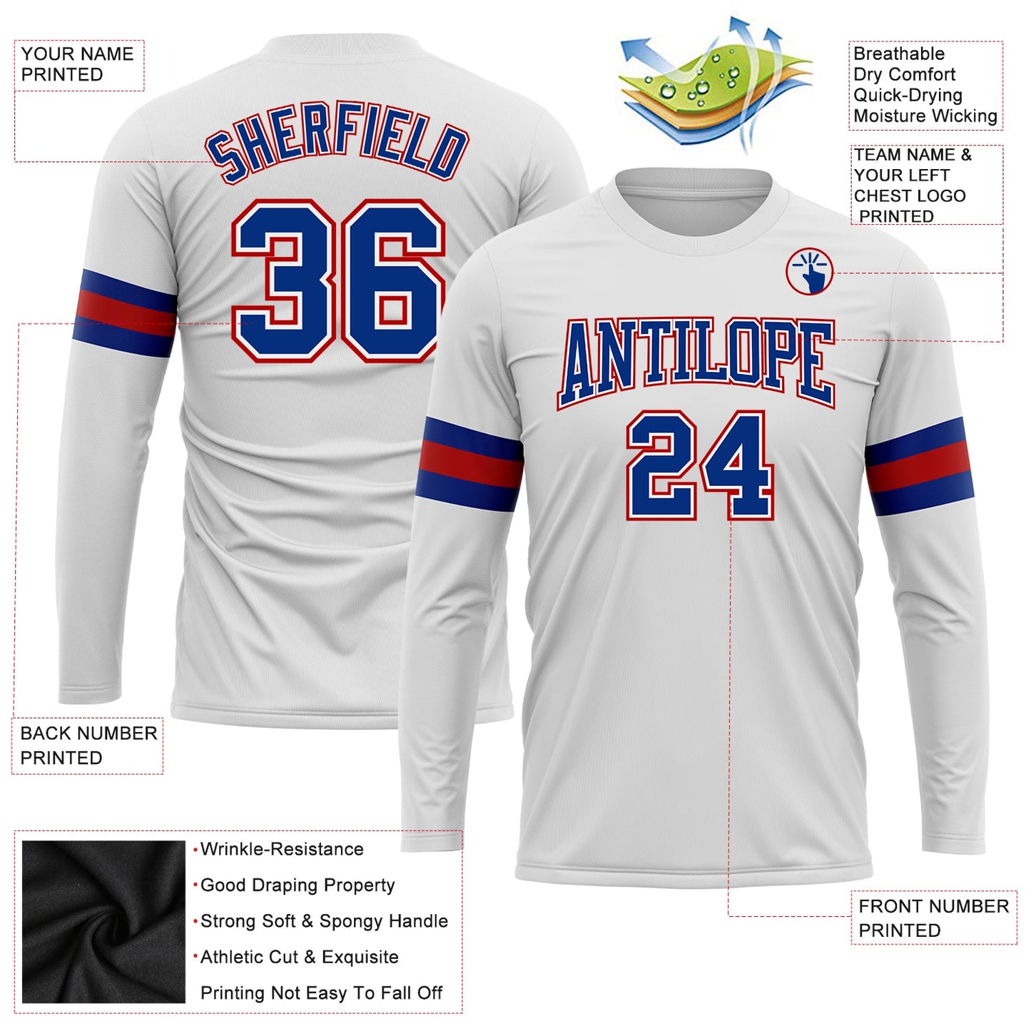 Custom White Royal-Red Long Sleeve Performance T-Shirt view 3