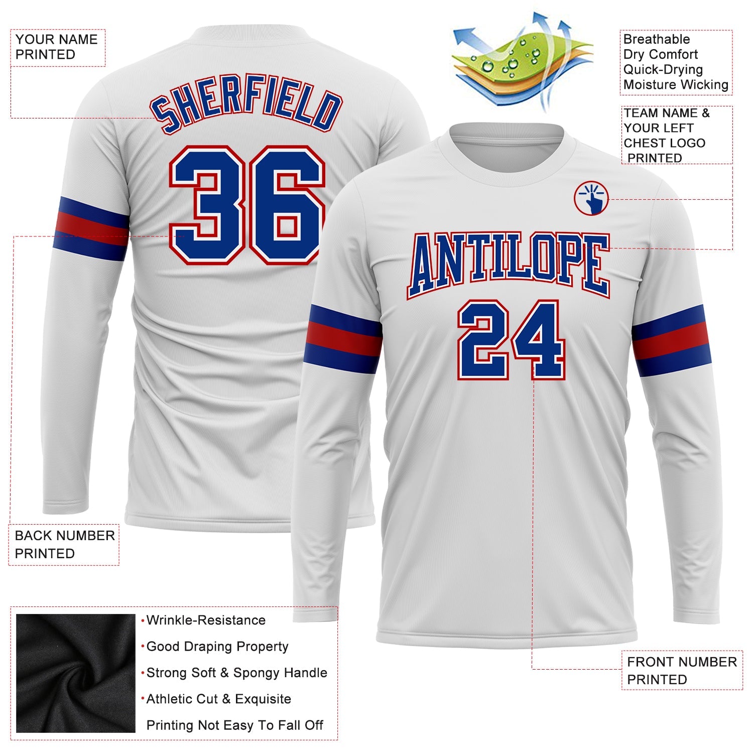 Custom White Royal-Red Long Sleeve Performance T-Shirt view 3