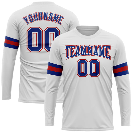 Custom White Royal-Red Long Sleeve Performance T-Shirt - Main View
