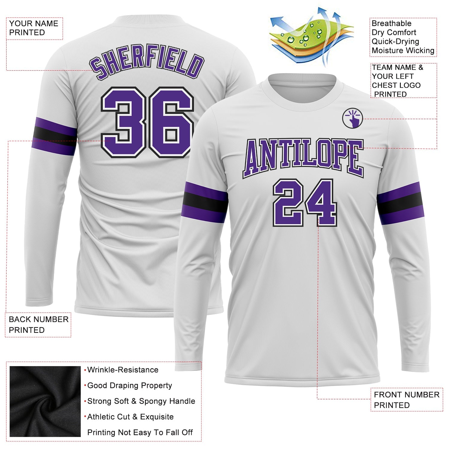 Custom White Purple-Black Long Sleeve Performance T-Shirt view 3