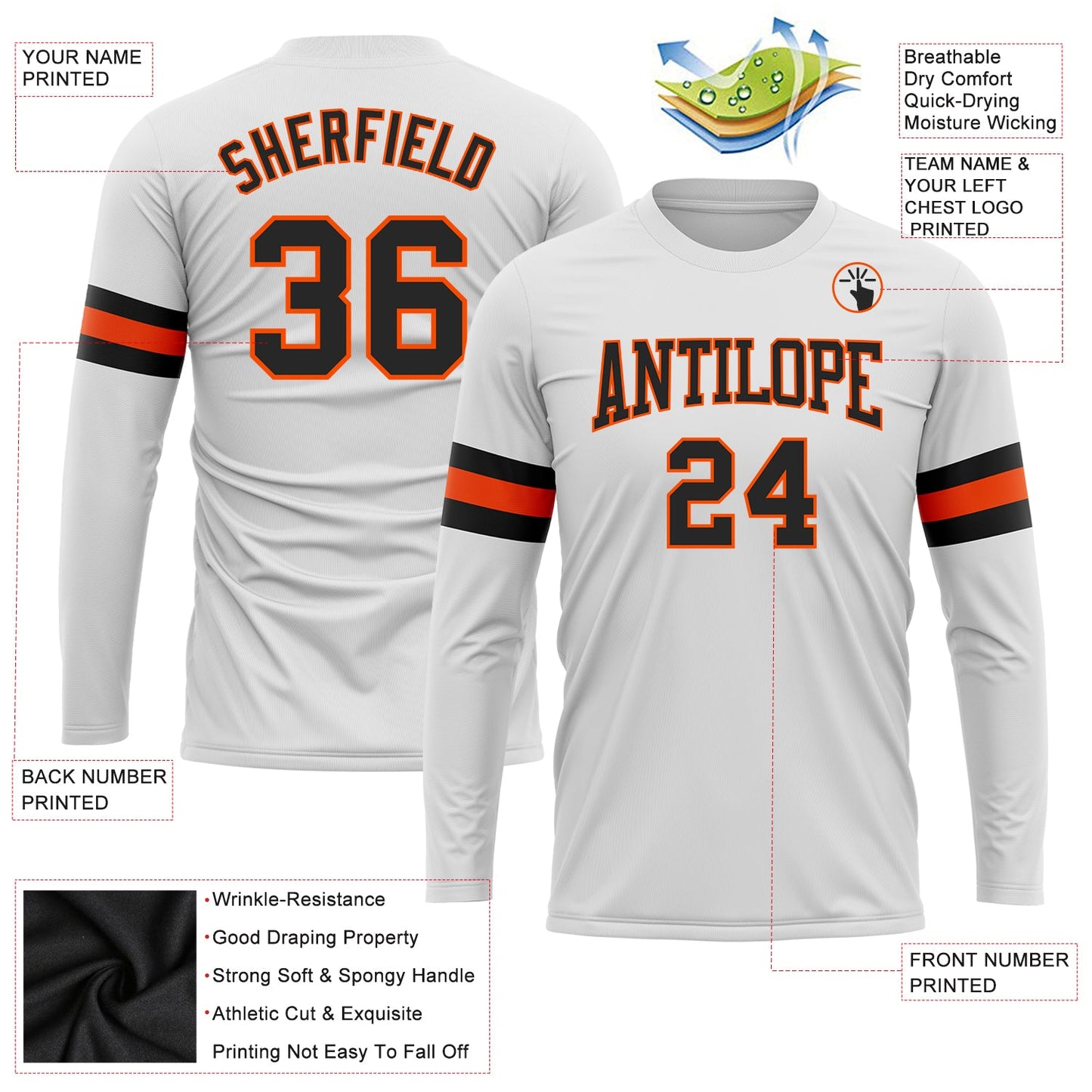 Custom White Black-Orange Long Sleeve Performance T-Shirt view 3
