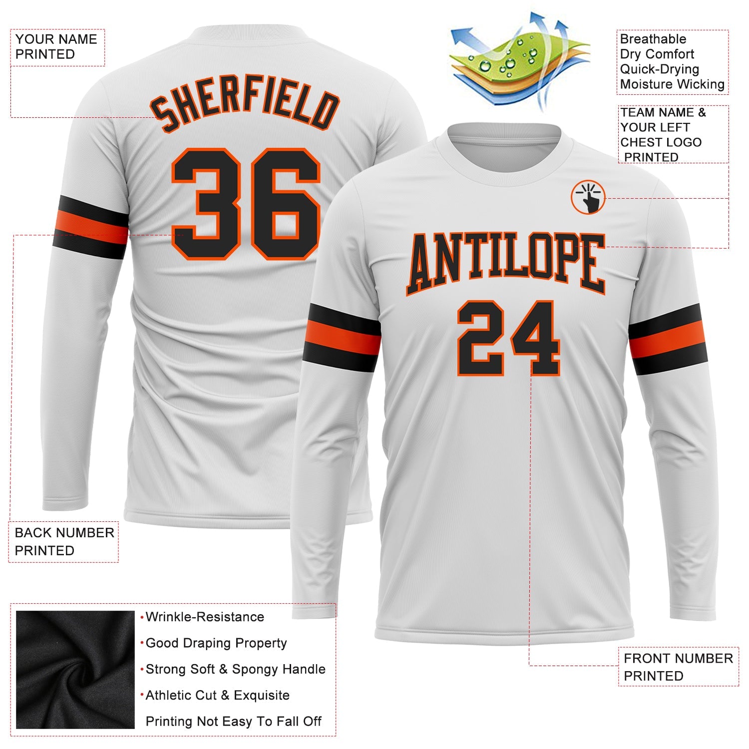 Custom White Black-Orange Long Sleeve Performance T-Shirt view 3
